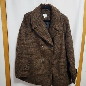 Women's Time and Tru Brown & Black Double-Breasted Faux Wool Coat, 1X, NEW